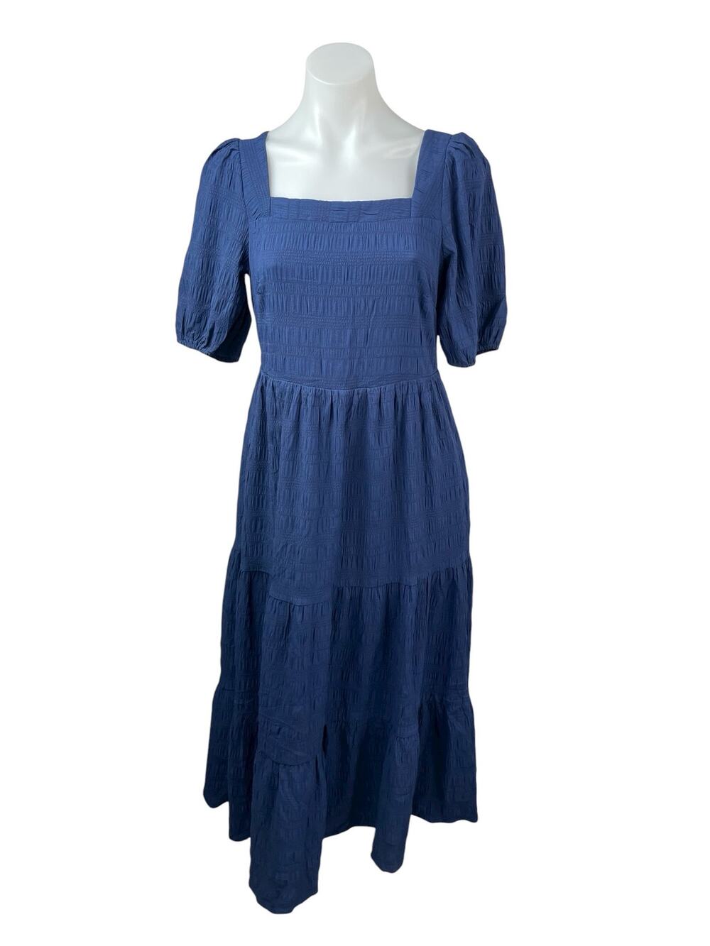 NEW Prettygarden Navy Blue Short Puff Sleeve Smocked Tiered A Line Midi Dress S
